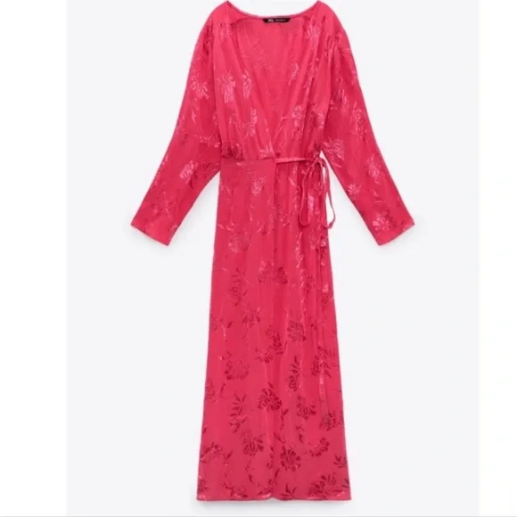 NWT Zara hot pink Jaquard wrap dress - Picture 6 of 7